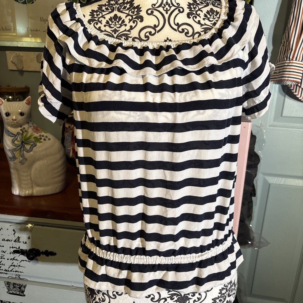 Chaus 100% Silk Navy And‎ White Stripe Blouse Petite XS